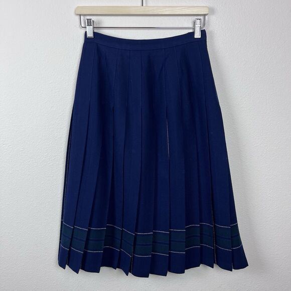 Vintage LL Bean Skirt Womens Eight Petite Wool Midi Pleated Scotland Preppy Blue - Picture 11 of 12